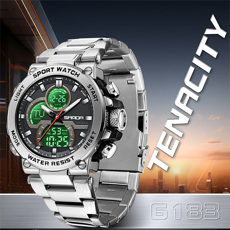 Sanda 6183 Steel Band Silver Electronic Quartz Watch – Steel Core, 50M Waterproof, Multifunctional Alarm, Luminous Display – Men‘s Wristwatch