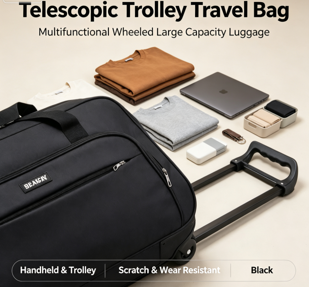 Telescopic Trolley Travel Bag – Multifunctional Wheeled Large Capacity Luggage Duffle, Scratch & Wear Resistant, Dual Carry Design: Handheld & Trolley – Perfect for Business Trips & Students – Black