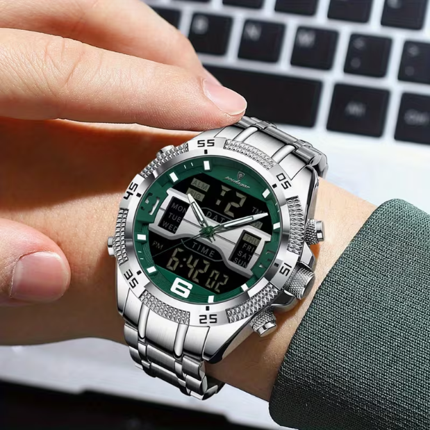 Swiss Brand Multifunctional Dual-Display Luminous Men‘s Watch – Silver Case Green Dial Steel Band, 30M Waterproof, Business & Sports Versatile Style