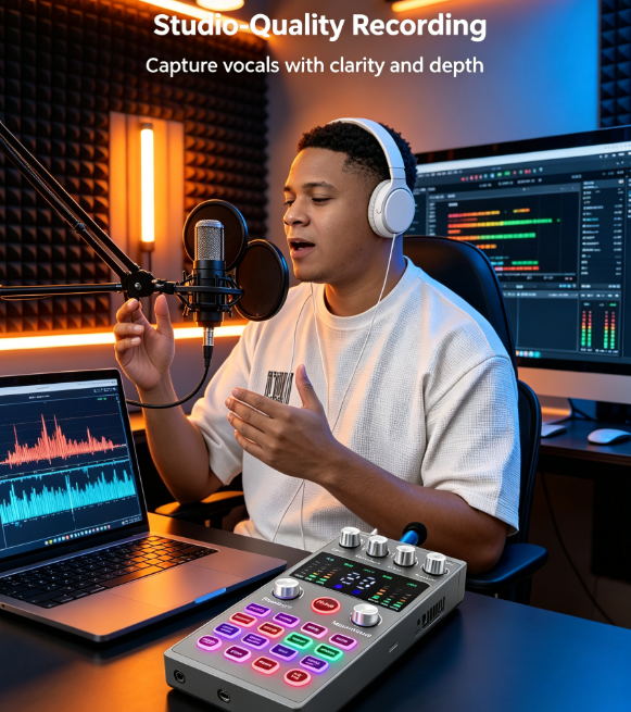 🎙️ Cash on Delivery 🎵 AT11 External USB Sound Card Kit – Live Streaming & Karaoke Set with Noise Reduction and Voice Effects for PC – Plug & Play – Free Shipping