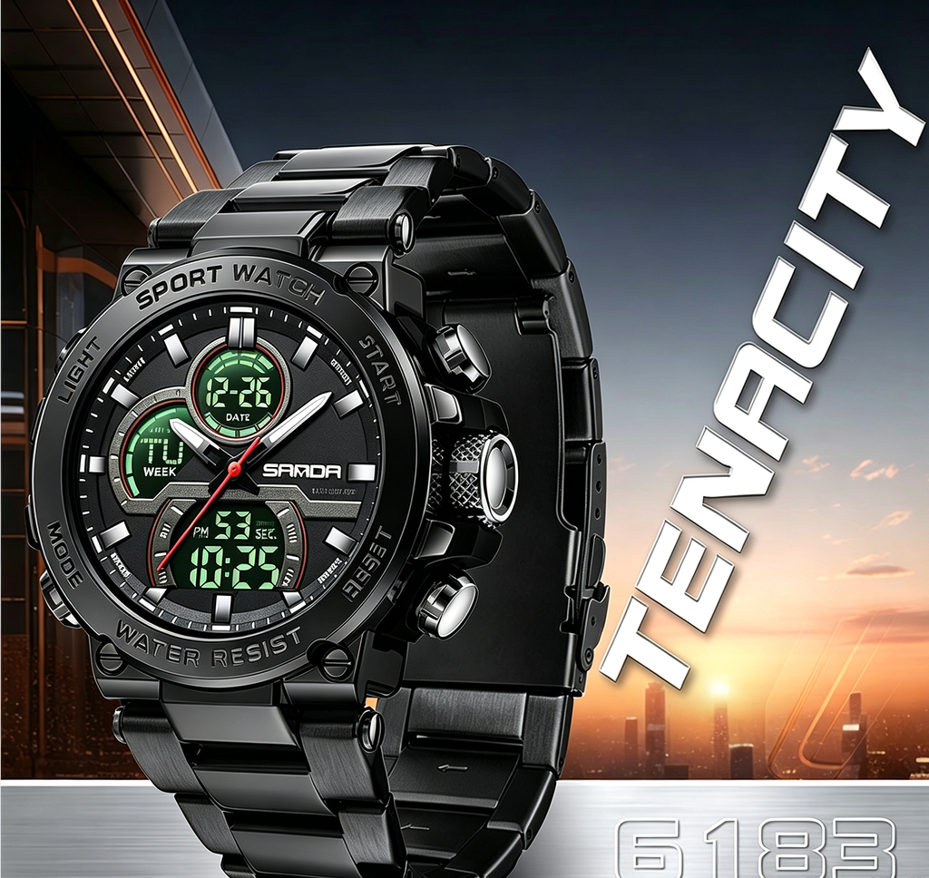 Sanda 6183 Steel Band Black Electronic Quartz Watch – Steel Core, 50M Waterproof, Multifunctional Alarm, Luminous Display – Men‘s Wristwatch