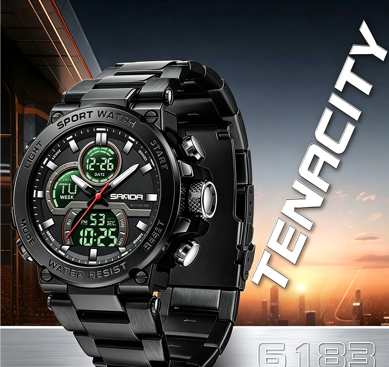 Sanda 6183 Steel Band Black Electronic Quartz Watch – Steel Core, 50M Waterproof, Multifunctional Alarm, Luminous Display – Men‘s Wristwatch
