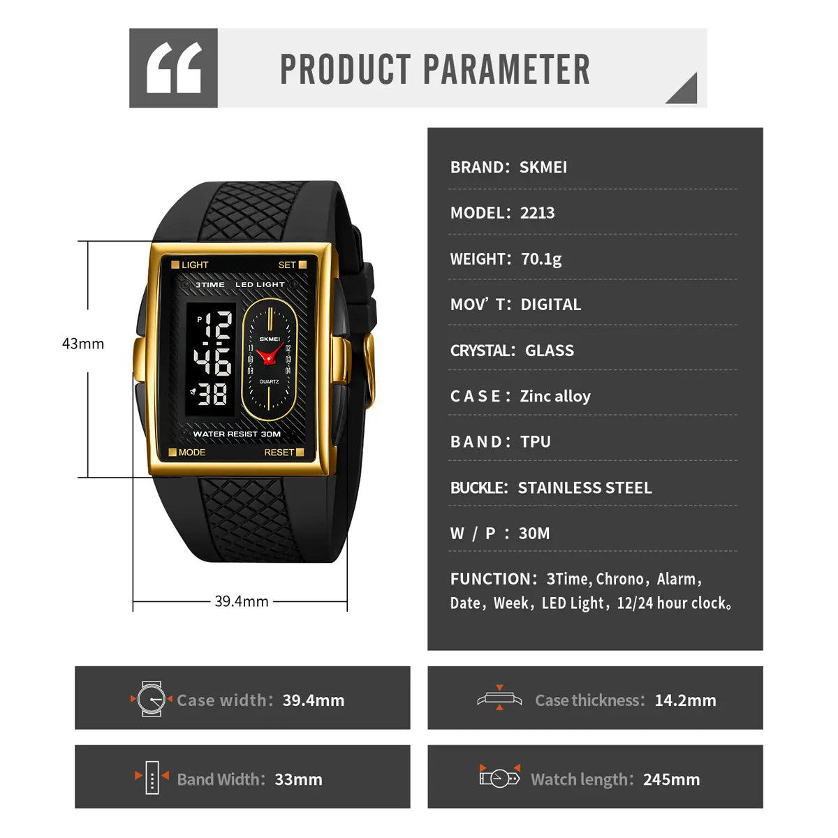 SKMEI Men's Durable Casual Digital Wristwatch - Gold-Dipped, Battery-Operated, 30M Waterproof, Hardlex Glass Dial, Multi-Functional LED, Gold-Accented Metal Frame, Black Band, 3 Time Zones, Stopwatch, Alarm, Date & Week Display, Casual Watch