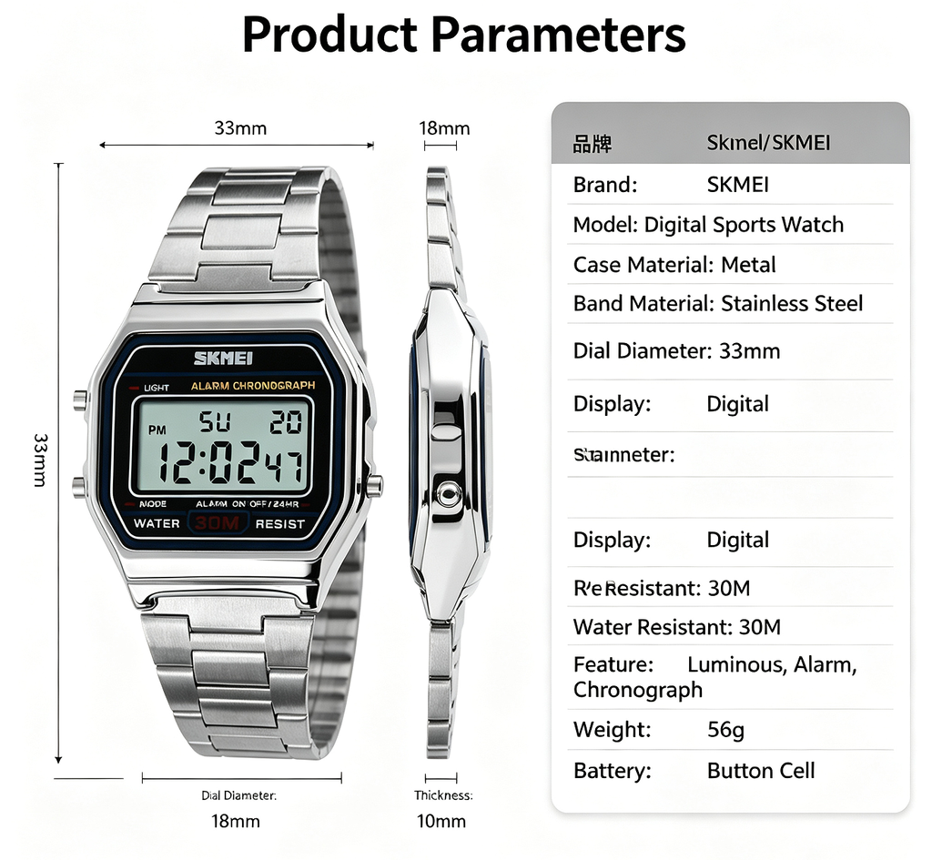 ⌚ Cash on Delivery ✨ SKMEI 1123 Vintage Digital Watch – Stainless Steel, 30M Waterproof, Alarm Chronograph, Square LED Display – Free Shipping