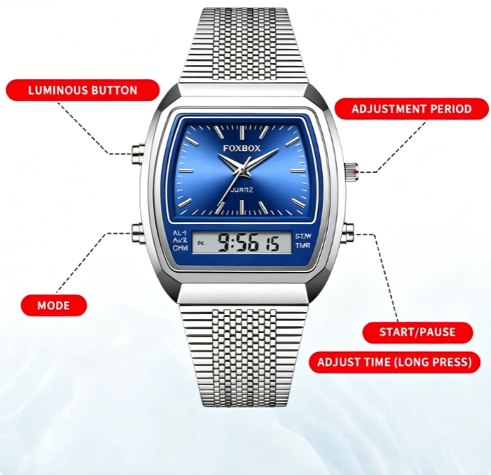 Vintage Square FOXBOX Modern Casual Analog Digital Dual Display Quartz Watch For Men, 30M Water Resistant Luminous Timer Alarm Wrist Watch With Stainless Steel Mesh Band, Stylish Daily Business Accessory For African Gentlemen