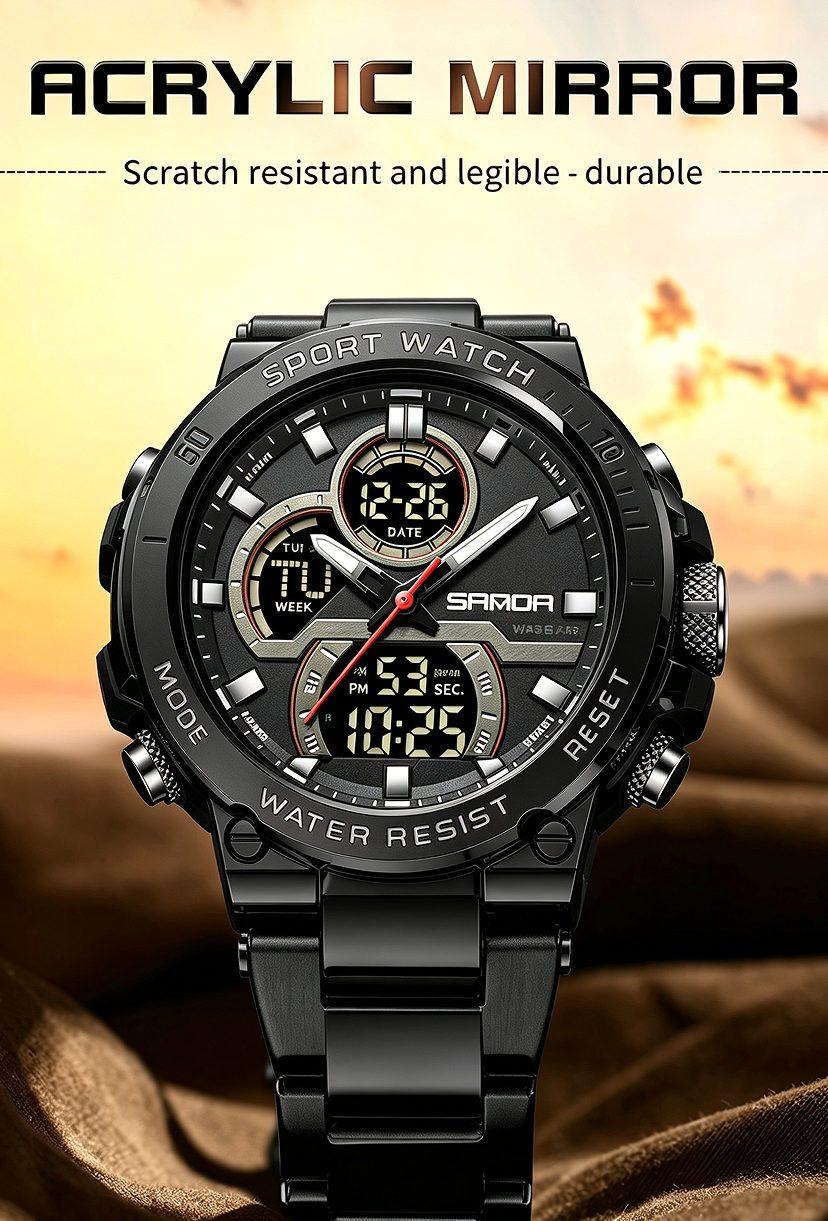 Sanda 6183 Steel Band Black Electronic Quartz Watch – Steel Core, 50M Waterproof, Multifunctional Alarm, Luminous Display – Men‘s Wristwatch