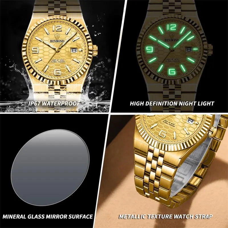 Weidun Log Men's Quartz Calendar Wristwatch – Three-Dimensional Linear Grid Texture, Diamond Accents, Luminous Display, Date Function, Water-Resistant – Elegant Gift Box
