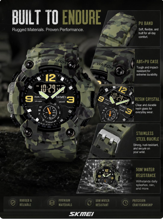 Skmei Men's Large Digital Dual-Display Sport Watch – Military Green Camouflage, 50m Waterproof, Night Light, Dual Time, Multifunction – Ideal for Parties & Gifts