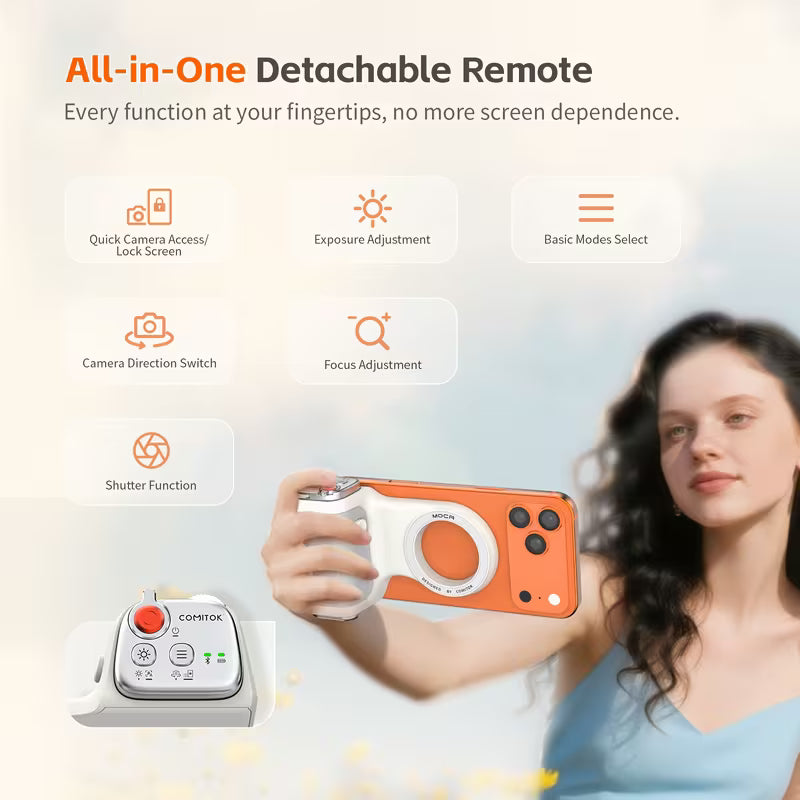 📸 Cash on Delivery 💡 COMITOK MOCA Handheld Phone Grip – Mirror + LED Fill Light, One-Tap Camera, Rechargeable Remote for Creators – Free Shipping
