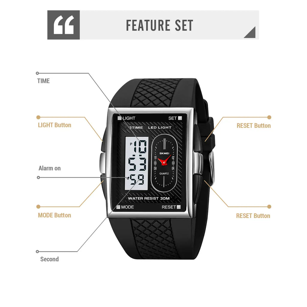 SKMEI Men's Durable Casual Digital Wristwatch - Gold-Dipped, Battery-Operated, 30M Waterproof, Hardlex Glass Dial, Multi-Functional LED, Gold-Accented Metal Frame, Black Band, 3 Time Zones, Stopwatch, Alarm, Date & Week Display, Casual Watch