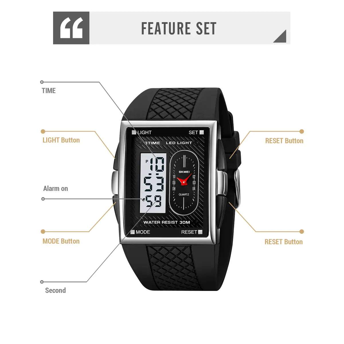 SKMEI Men's Durable Casual Digital Wristwatch - Gold-Dipped, Battery-Operated, 30M Waterproof, Hardlex Glass Dial, Multi-Functional LED, Gold-Accented Metal Frame, Black Band, 3 Time Zones, Stopwatch, Alarm, Date & Week Display, Casual Watch
