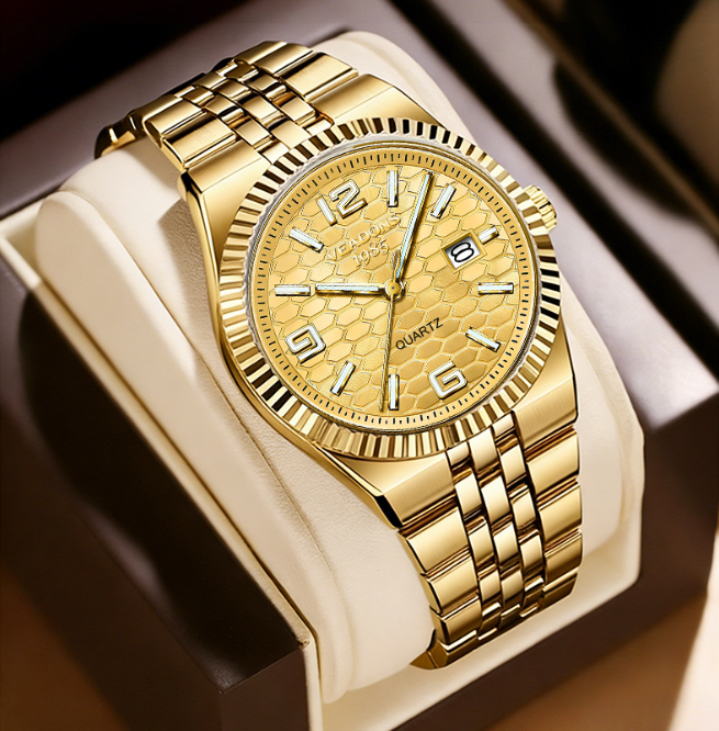 Weidun Log Men's Quartz Calendar Wristwatch – Three-Dimensional Linear Grid Texture, Diamond Accents, Luminous Display, Date Function, Water-Resistant – Elegant Gift Box