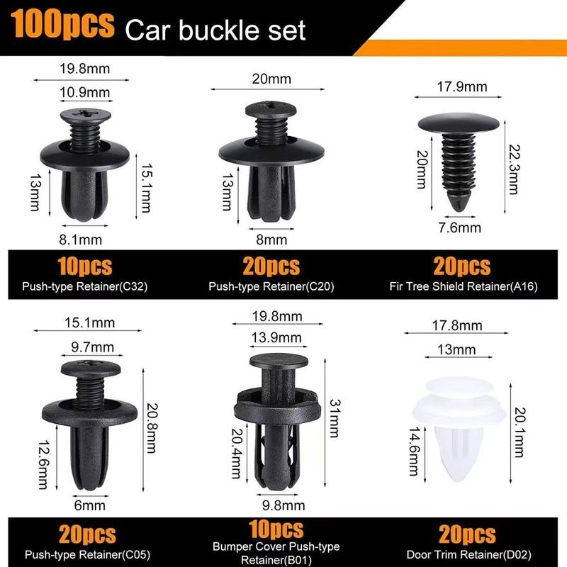 HE26 300pcs (3 Boxes × 100pcs) Universal Expansion Screw Clips Set for Automobiles Mudguard Leaf Plates Door Panel Clips C05 C20 C32 B01 D02 A16 Car Accessories with Free Pry Tool