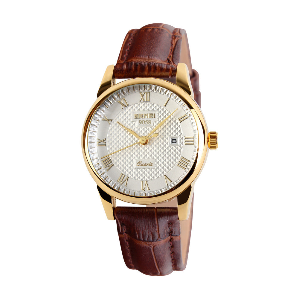 SKMEI 9058 Classic Vintage Couple Quartz Watch – Japanese MIYOTA Movement, 30M Waterproof, Genuine Leather Strap, Calendar Display – Retro Business Style for Men & Women
