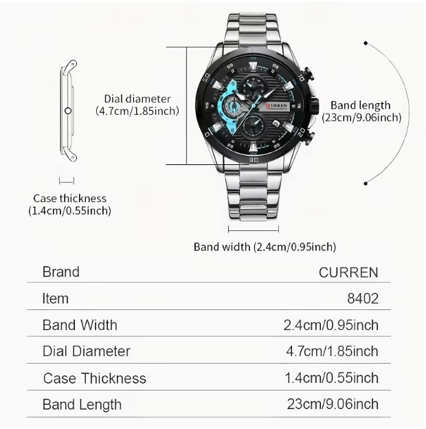 CURREN 8402 Men‘s Six-Hand Steel Band Quartz Business Watch – 47mm Large Dial, Luminous Display, Calendar & Week, 30M Waterproof, Chronograph – Business & Sports Versatile Style