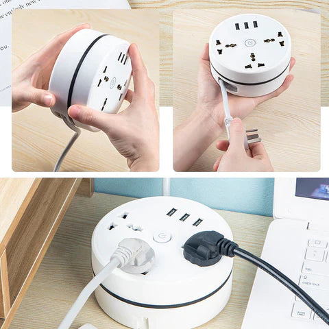 Retractable Round Power Strip with USB Charging Ports – Master On/Off Switch, Flame Retardant Extension Socket, Space-Saving Cord Storage Power Outlet – Ideal for Home, Office & Travel