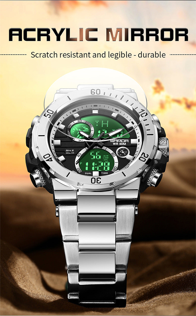 Sanda 6183 Steel Band Silver Electronic Quartz Watch – Steel Core, 50M Waterproof, Multifunctional Alarm, Luminous Display – Men‘s Wristwatch