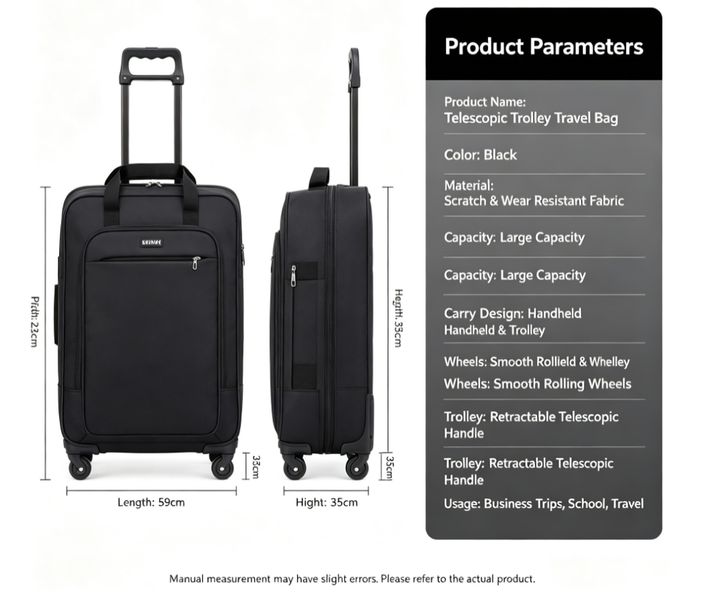 Telescopic Trolley Travel Bag – Multifunctional Wheeled Large Capacity Luggage Duffle, Scratch & Wear Resistant, Dual Carry Design: Handheld & Trolley – Perfect for Business Trips & Students – Black