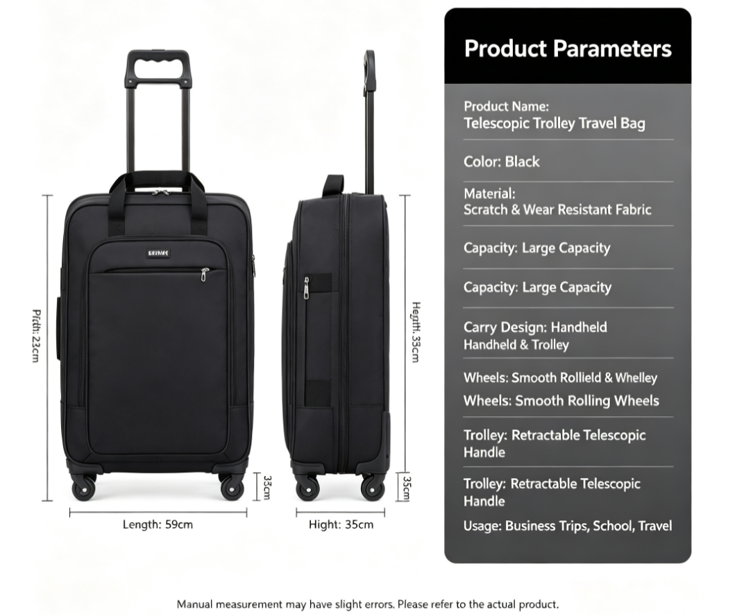 Telescopic Trolley Travel Bag – Multifunctional Wheeled Large Capacity Luggage Duffle, Scratch & Wear Resistant, Dual Carry Design: Handheld & Trolley – Perfect for Business Trips & Students – Black
