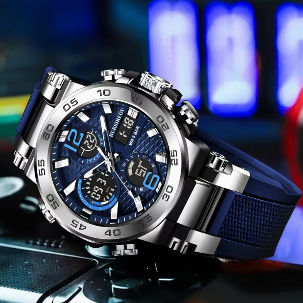 FOXBOX New Multifunctional Fashion Sports Dual-Display Watch – Silver & Blue Silicone Men's Watch, Waterproof Luminous Electronic Analog – Versatile for Daily & Sports Wear