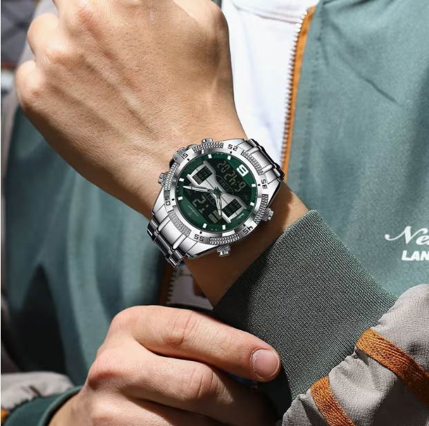 Swiss Brand Multifunctional Dual-Display Luminous Men‘s Watch – Silver Case Green Dial Steel Band, 30M Waterproof, Business & Sports Versatile Style