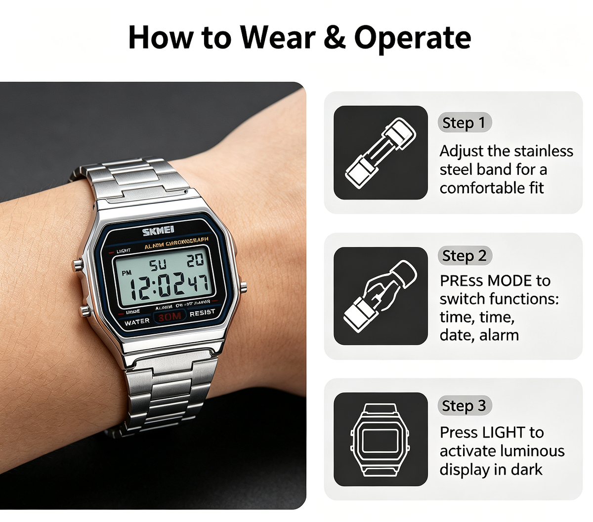 ⌚ Cash on Delivery ✨ SKMEI 1123 Vintage Digital Watch – Stainless Steel, 30M Waterproof, Alarm Chronograph, Square LED Display – Free Shipping