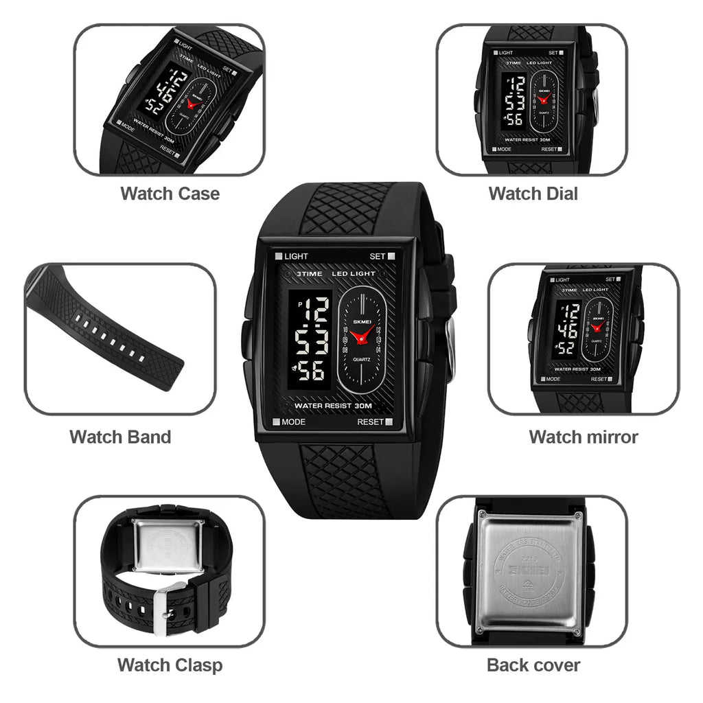 SKMEI Men's Durable Casual Digital Wristwatch - Gold-Dipped, Battery-Operated, 30M Waterproof, Hardlex Glass Dial, Multi-Functional LED, Gold-Accented Metal Frame, Black Band, 3 Time Zones, Stopwatch, Alarm, Date & Week Display, Casual Watch