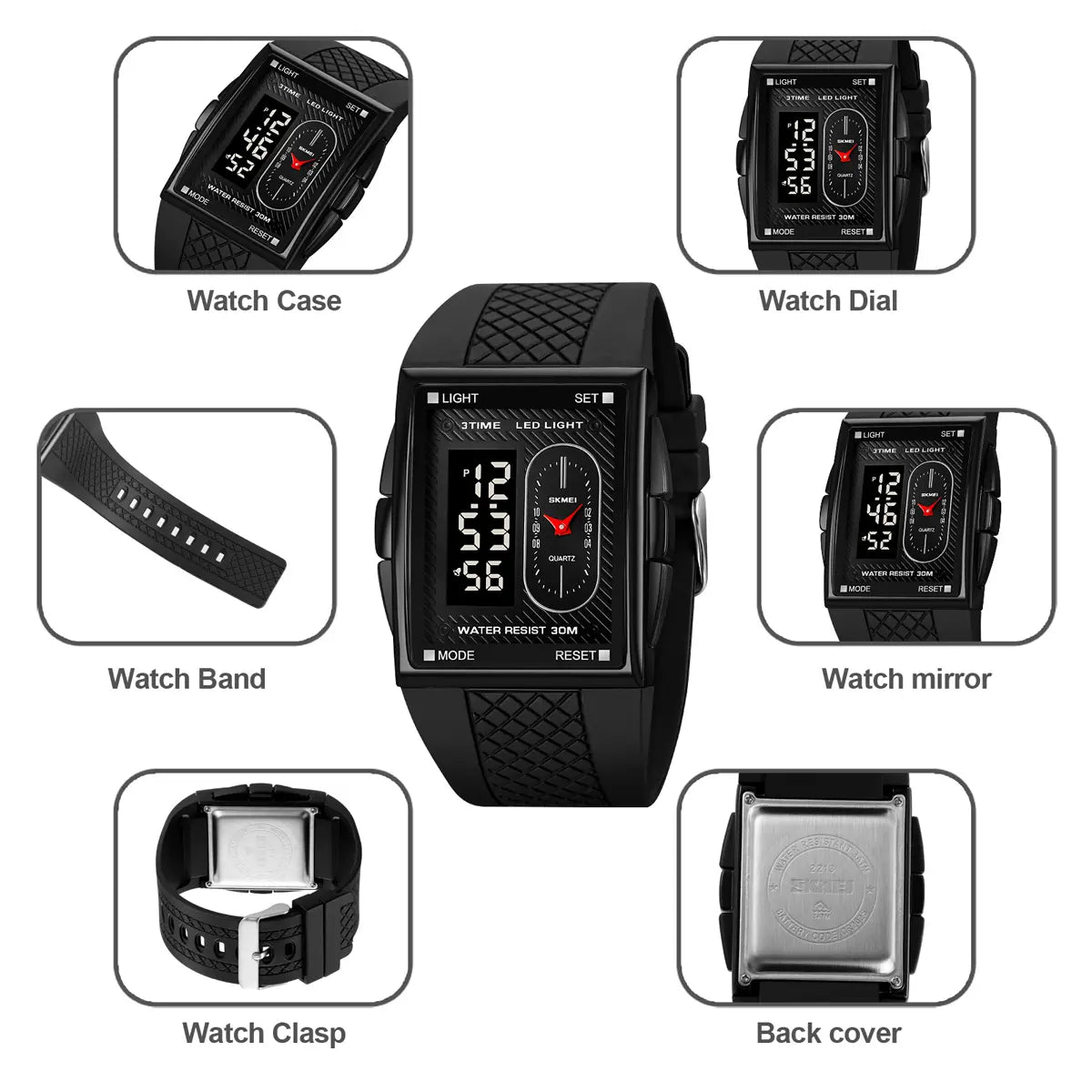 SKMEI Men's Durable Casual Digital Wristwatch - Gold-Dipped, Battery-Operated, 30M Waterproof, Hardlex Glass Dial, Multi-Functional LED, Gold-Accented Metal Frame, Black Band, 3 Time Zones, Stopwatch, Alarm, Date & Week Display, Casual Watch