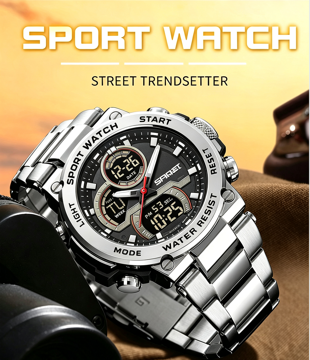 Sanda 6183 Steel Band Silver Electronic Quartz Watch – Steel Core, 50M Waterproof, Multifunctional Alarm, Luminous Display – Men‘s Wristwatch