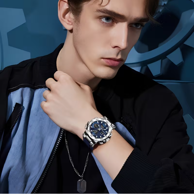 FOXBOX New Multifunctional Fashion Sports Dual-Display Watch – Silver & Blue Silicone Men's Watch, Waterproof Luminous Electronic Analog – Versatile for Daily & Sports Wear