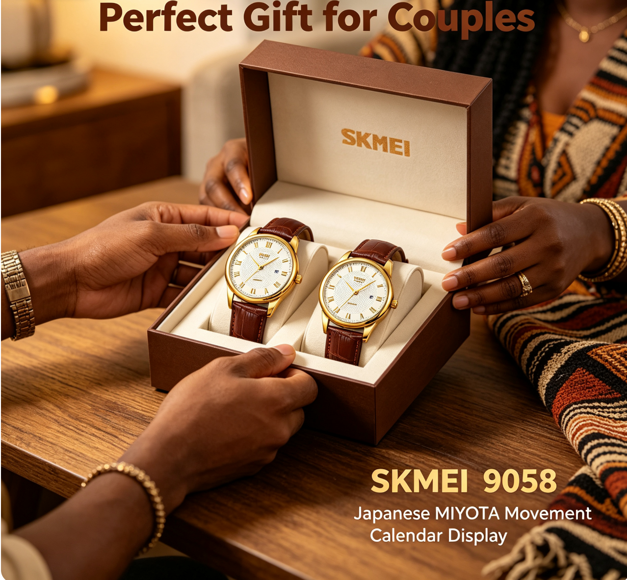 SKMEI 9058 Classic Vintage Couple Quartz Watch – Japanese MIYOTA Movement, 30M Waterproof, Genuine Leather Strap, Calendar Display – Retro Business Style for Men & Women