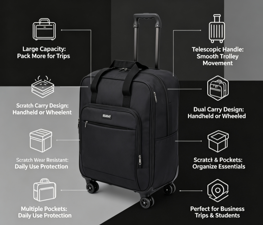 Telescopic Trolley Travel Bag – Multifunctional Wheeled Large Capacity Luggage Duffle, Scratch & Wear Resistant, Dual Carry Design: Handheld & Trolley – Perfect for Business Trips & Students – Black