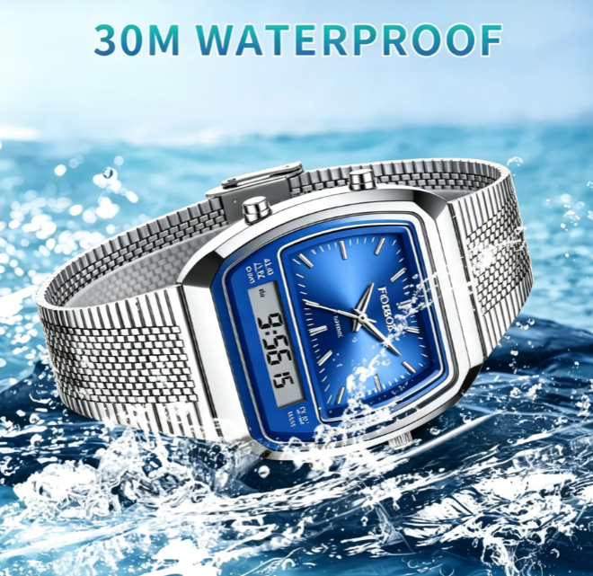 Vintage Square FOXBOX Modern Casual Analog Digital Dual Display Quartz Watch For Men, 30M Water Resistant Luminous Timer Alarm Wrist Watch With Stainless Steel Mesh Band, Stylish Daily Business Accessory For African Gentlemen