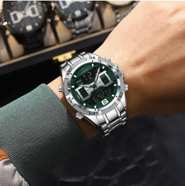 Swiss Brand Multifunctional Dual-Display Luminous Men‘s Watch – Silver Case Green Dial Steel Band, 30M Waterproof, Business & Sports Versatile Style