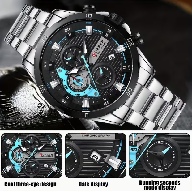 CURREN 8402 Men‘s Six-Hand Steel Band Quartz Business Watch – 47mm Large Dial, Luminous Display, Calendar & Week, 30M Waterproof, Chronograph – Business & Sports Versatile Style