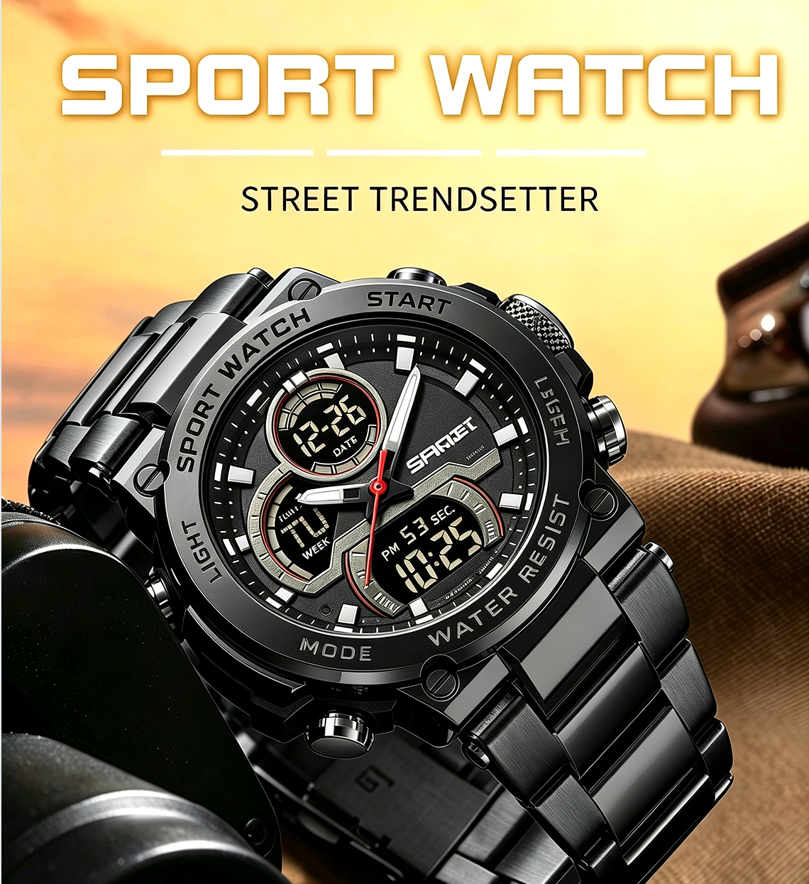 Sanda 6183 Steel Band Black Electronic Quartz Watch – Steel Core, 50M Waterproof, Multifunctional Alarm, Luminous Display – Men‘s Wristwatch