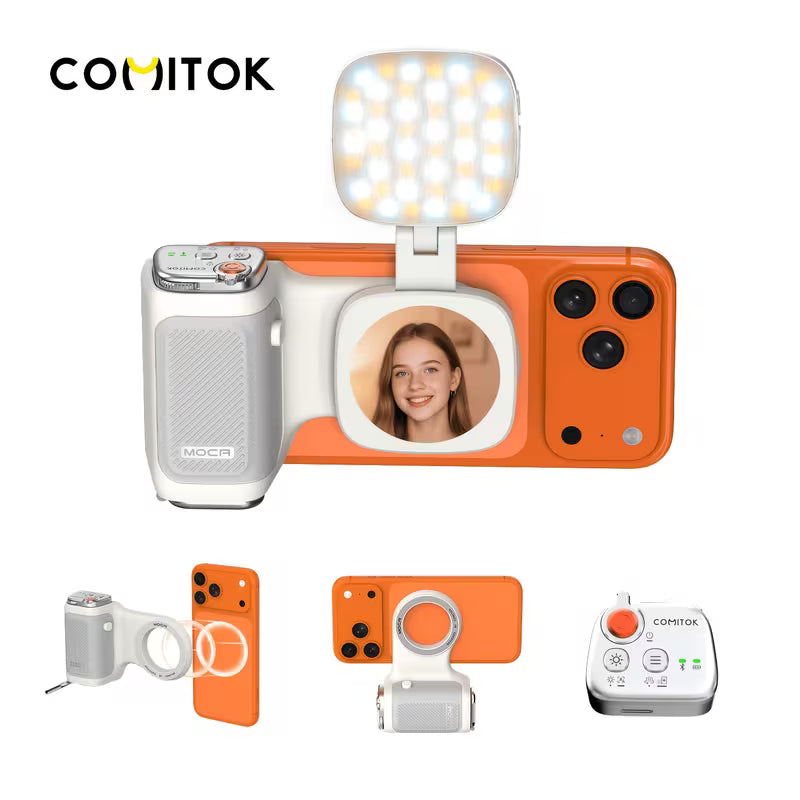 📸 Cash on Delivery 💡 COMITOK MOCA Handheld Phone Grip – Mirror + LED Fill Light, One-Tap Camera, Rechargeable Remote for Creators – Free Shipping