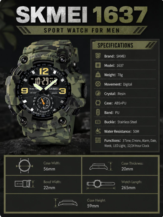 Skmei Men's Large Digital Dual-Display Sport Watch – Military Green Camouflage, 50m Waterproof, Night Light, Dual Time, Multifunction – Ideal for Parties & Gifts