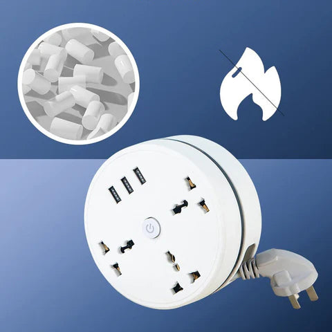 Retractable Round Power Strip with USB Charging Ports – Master On/Off Switch, Flame Retardant Extension Socket, Space-Saving Cord Storage Power Outlet – Ideal for Home, Office & Travel