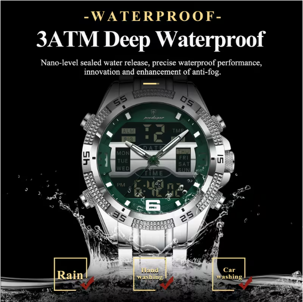 Swiss Brand Multifunctional Dual-Display Luminous Men‘s Watch – Silver Case Green Dial Steel Band, 30M Waterproof, Business & Sports Versatile Style