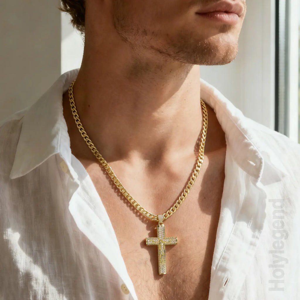 Cross Necklace for Men with Jesus Crucifix Pendant - 24" Cuban Figaro Rope Miami Chain 🎵 Free Shipping & Cash on Delivery 📊