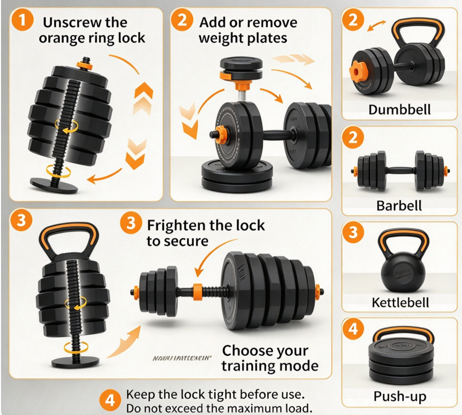 🏋️ Cash on Delivery 🎁 Adjustable Dumbbell Set – 44 lbs Multi-Functional Weight Set, Use as Dumbbell, Barbell, Kettlebell & Push-Up Stand – Home Gym Fitness Equipment – Christmas Gift Idea – Free Shipping