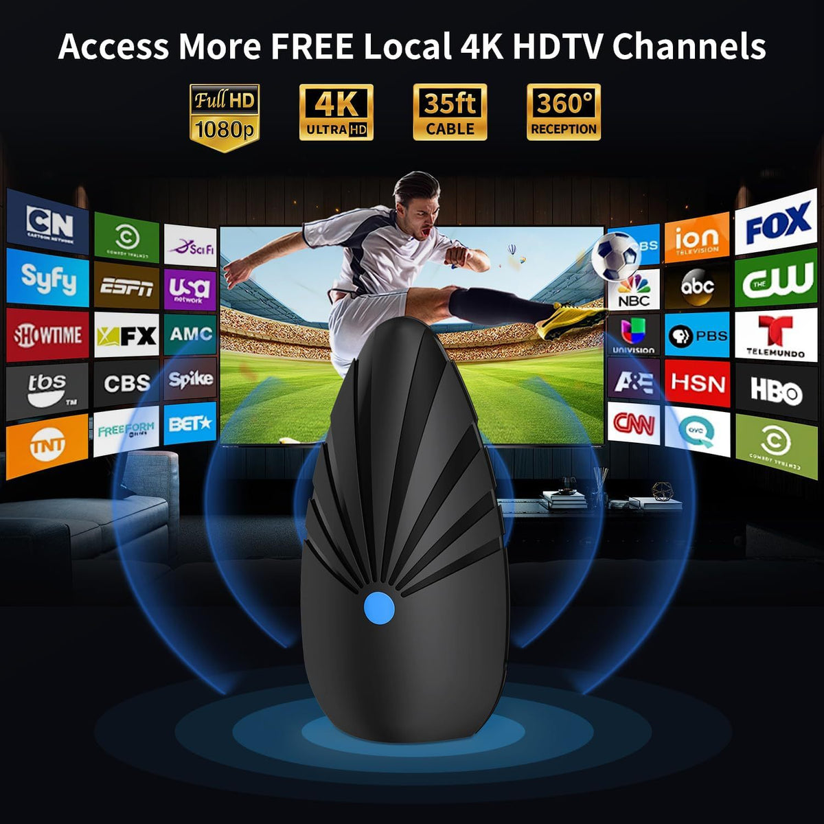 Digital TV Antenna for Indoor - 360° Reception with 5M Cable, Supports 1080P and 4K Smart TVs