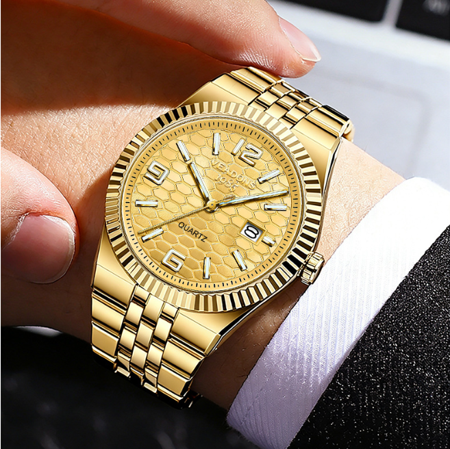 Weidun Log Men's Quartz Calendar Wristwatch – Three-Dimensional Linear Grid Texture, Diamond Accents, Luminous Display, Date Function, Water-Resistant – Elegant Gift Box