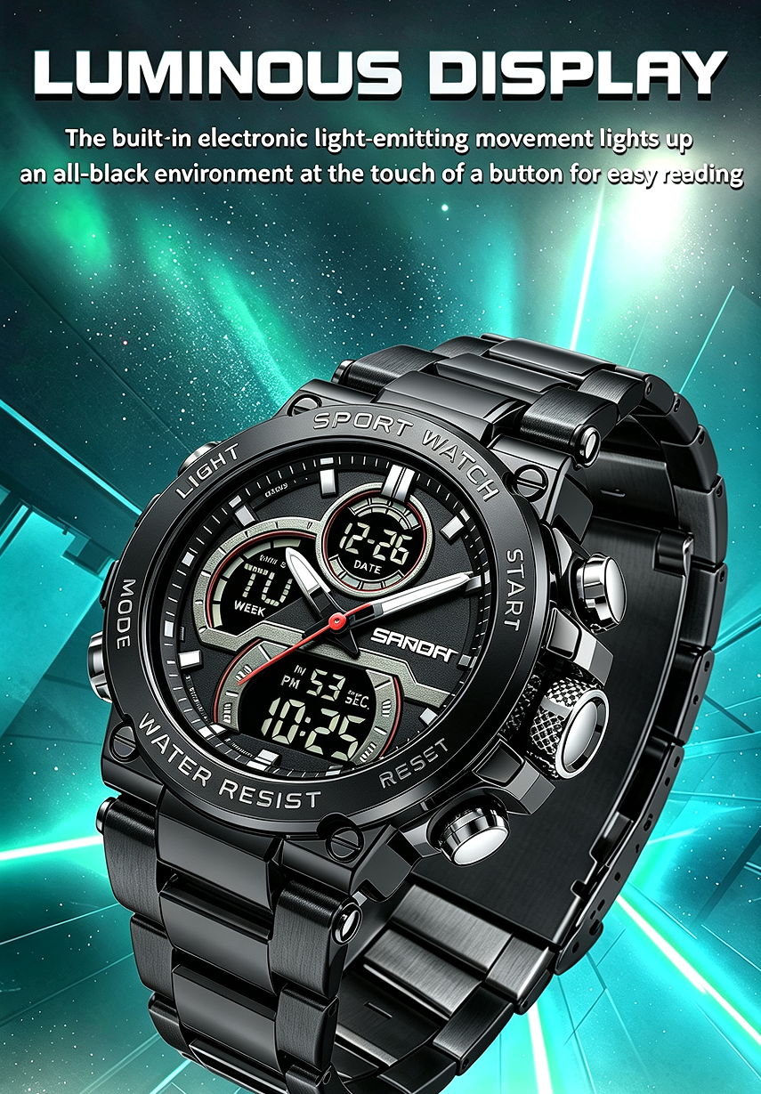 Sanda 6183 Steel Band Black Electronic Quartz Watch – Steel Core, 50M Waterproof, Multifunctional Alarm, Luminous Display – Men‘s Wristwatch