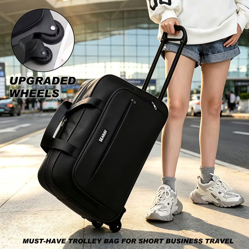Telescopic Trolley Travel Bag – Multifunctional Wheeled Large Capacity Luggage Duffle, Scratch & Wear Resistant, Dual Carry Design: Handheld & Trolley – Perfect for Business Trips & Students – Black