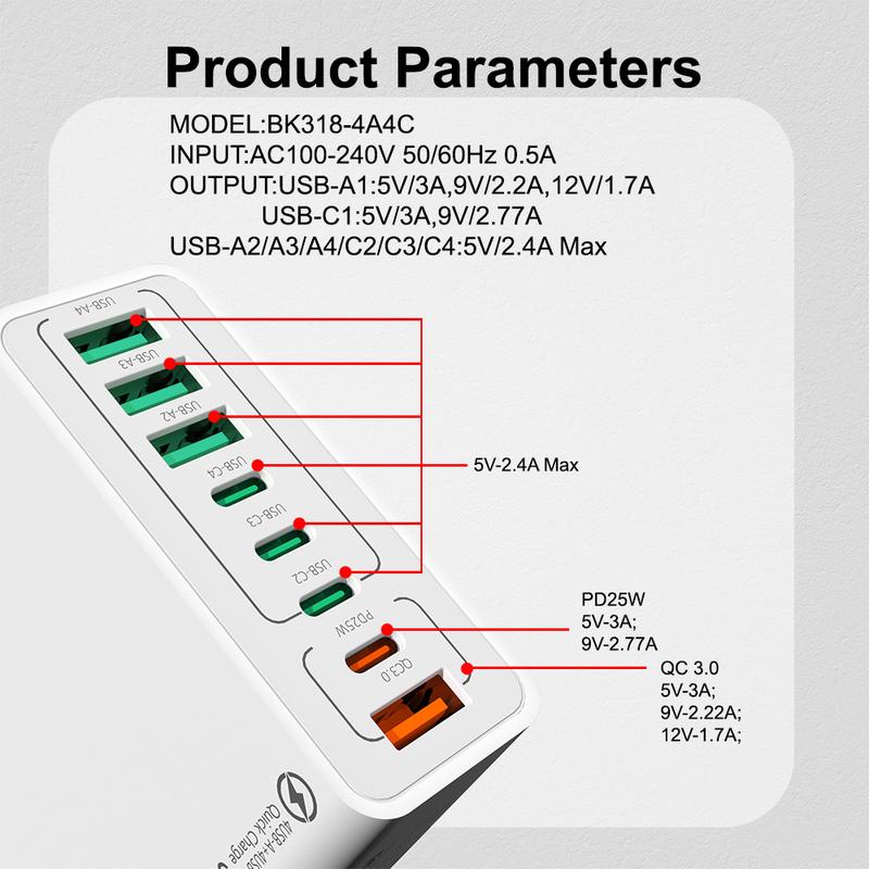 8 in 1 Waterproof Ports USB Fast Charger - Multi-Port Charging Station for Multiple Devices, High-Speed Hub with Outlet Plug 🎵 Free Shipping & Cash on Delivery 📊