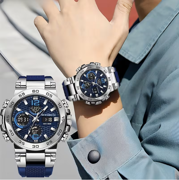FOXBOX New Multifunctional Fashion Sports Dual-Display Watch – Silver & Blue Silicone Men's Watch, Waterproof Luminous Electronic Analog – Versatile for Daily & Sports Wear