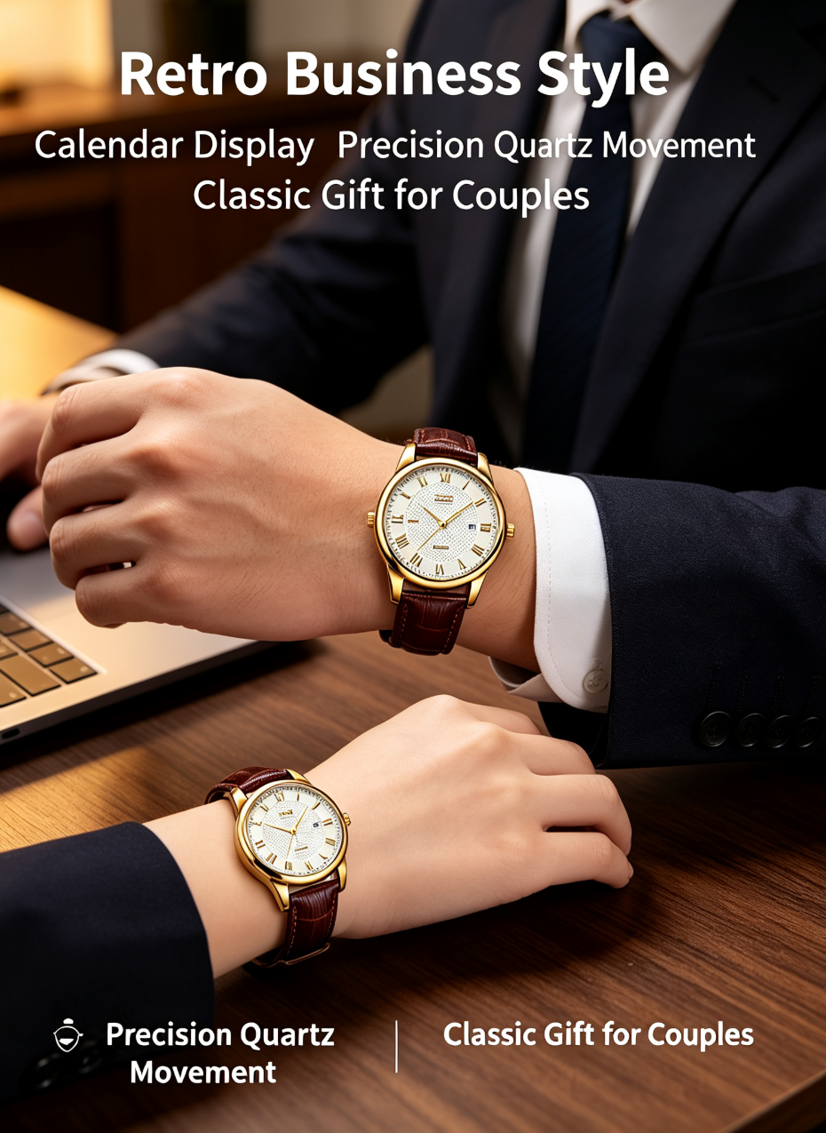 SKMEI 9058 Classic Vintage Couple Quartz Watch – Japanese MIYOTA Movement, 30M Waterproof, Genuine Leather Strap, Calendar Display – Retro Business Style for Men & Women