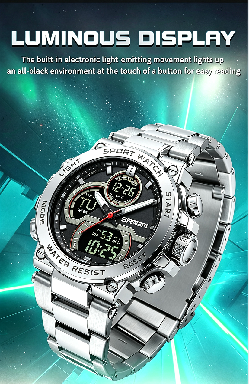 Sanda 6183 Steel Band Silver Electronic Quartz Watch – Steel Core, 50M Waterproof, Multifunctional Alarm, Luminous Display – Men‘s Wristwatch